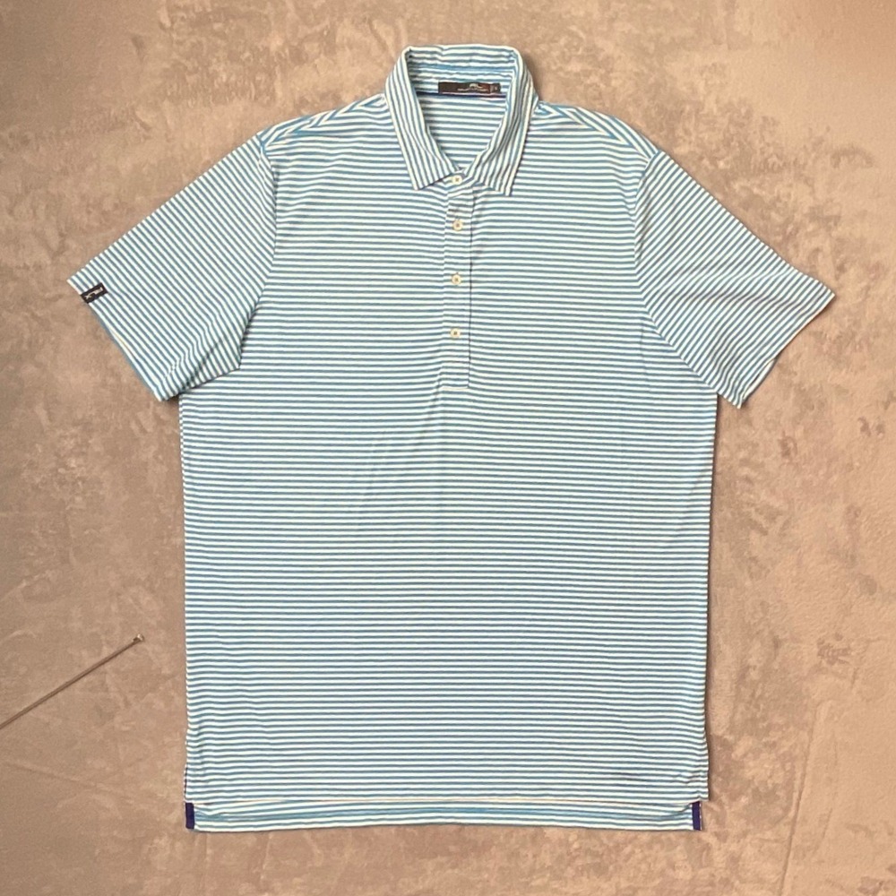 RLX Ralph Lauren Mens XL Blue White Striped Short Sleeve Golf Polo Shirt
